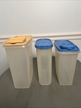 3 Vintage Tupperware Yellow and Blue flip lid Dry Goods Dispensers.